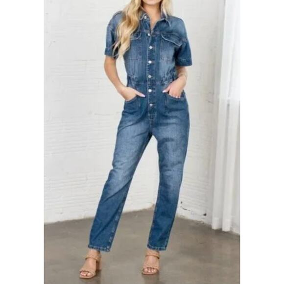 Free People We The Free Marci Coverall Denim Jumpsuit Blue Small 100% Cotton - Picture 1 of 10